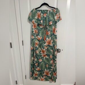 Aakaa Tropical Floral Maxi Dress in Green and Orange